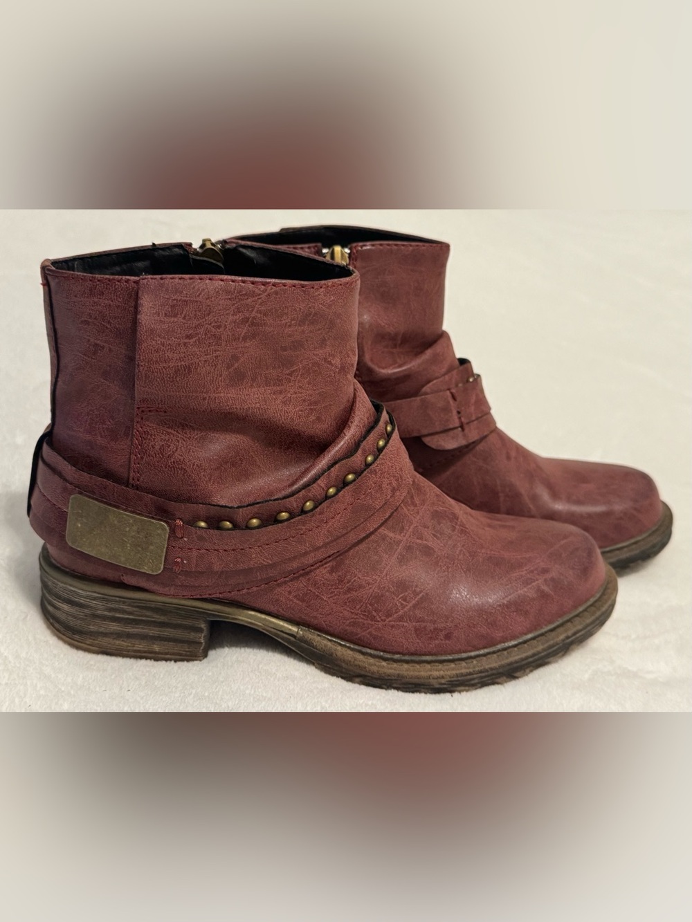 French Blu Women's Burgundy Leather Ankle Boots Studded Strap Size 6.5 / EU 37
